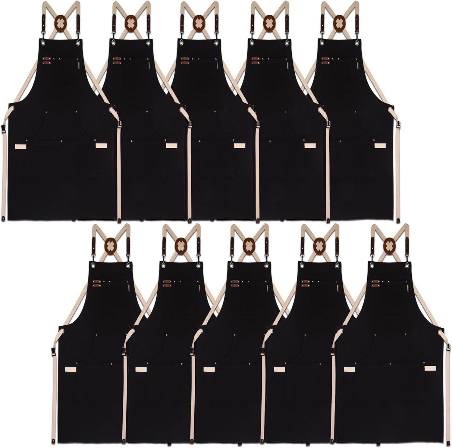 10 Pack Kitchen Aprons, Work Apron, Canvas, Multiple Pockets, Gardening, Painting, BBQ, Artist, Carpenter, Sizes M to XXL, Black