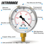 MEANLIN MEASURE -30inHG~0Psi Stainless Steel 1/8" NPT 2.5" FACE DIAL Vacuum Pressure Gauge, Lower Mount, with 1/4" NPT and 3/8" NPT Hex Bushing