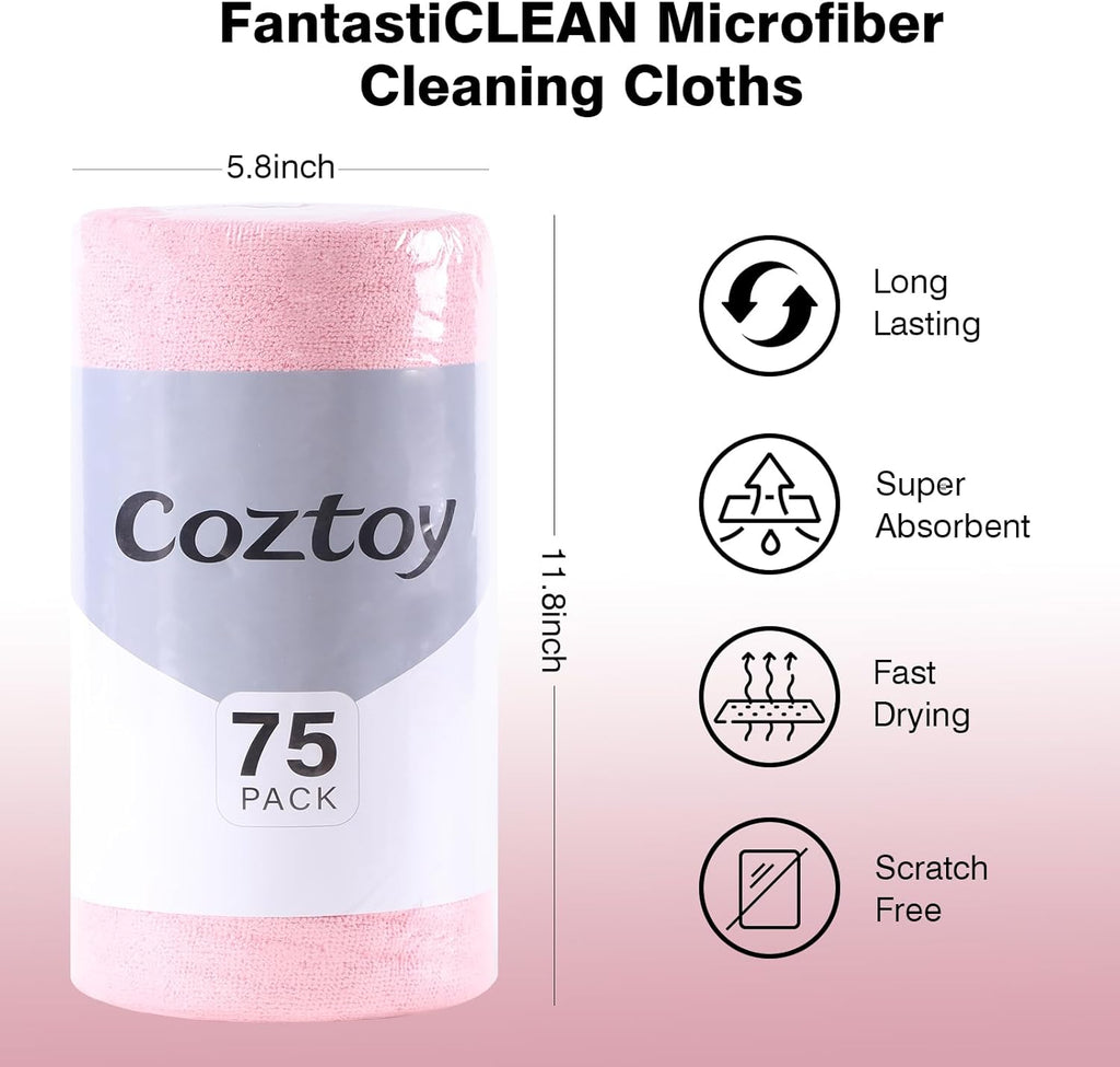 Microfiber Cloth Roll 75 Pack, 180GSM, Tear Away Microfiber Towels 12x12 Inch, Reusable Cleaning Rags for Car Detailing, Kitchen, Dishes, House Cleaning, Windows, Glass, Garage, Shop (Pink)