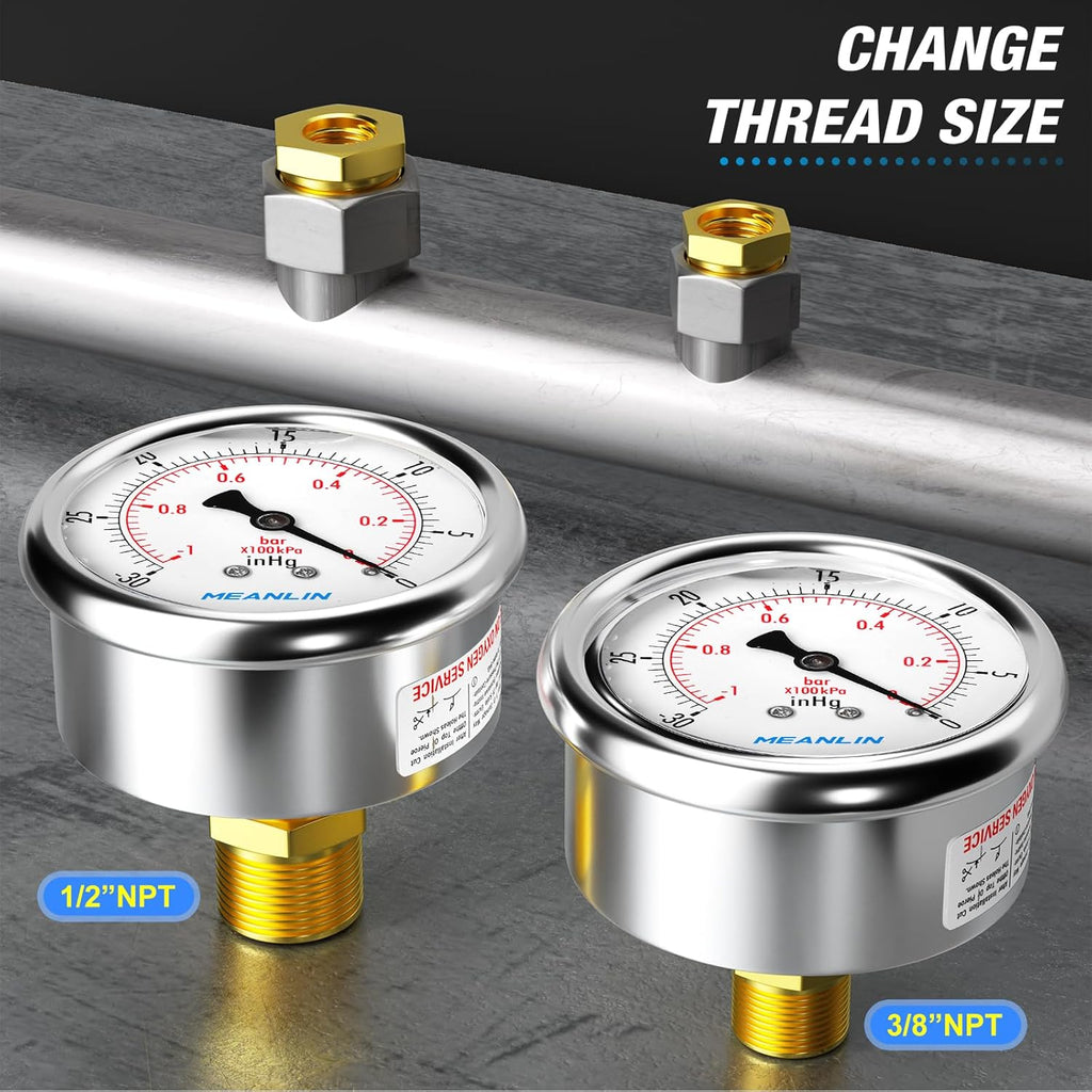 MEANLIN MEASURE -30inHG~0Psi Stainless Steel 1/4" NPT 2.5" FACE DIAL Vacuum Pressure Gauge, Center Back Mount, with 1/4" x 1/2" NPT and 1/4" x 3/8" NPT Hex Bushing