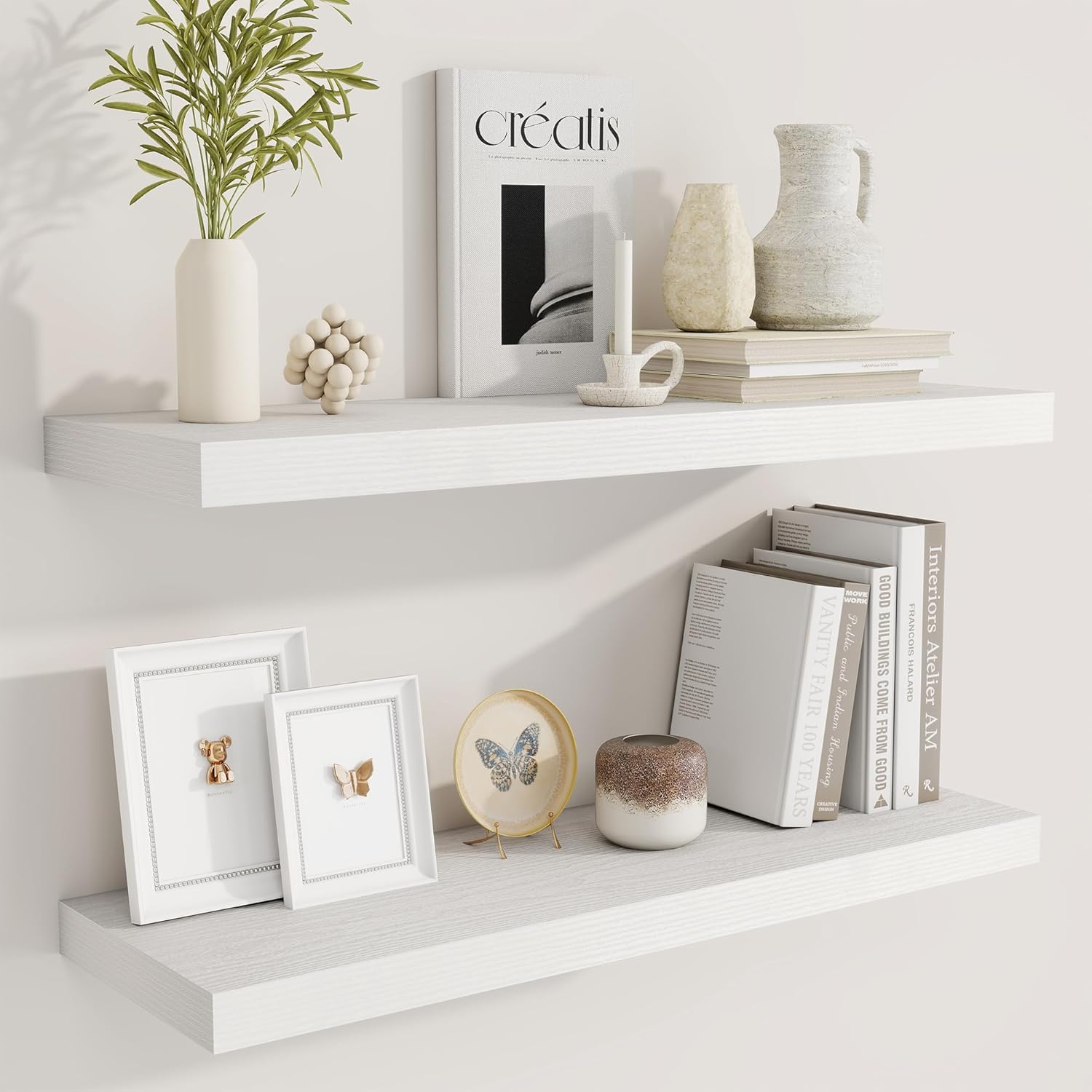 Fun Memories 30 Inch Floating Shelves for Wall, 9 Inch Deep White Rustic Wood Wall Mounted Shelves for Bathroom, Bedroom, Living Room, Set of 2