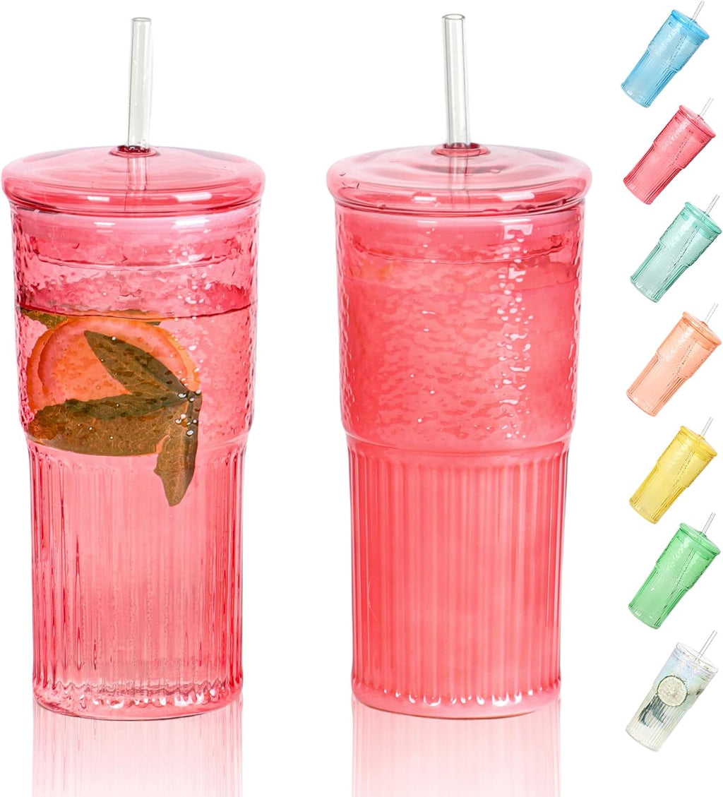 20 OZ Glass Cup with Lids and Glass Straws, High Borosilicate Iced Coffee Glass Tumblers with Lid and Straw for Drinks, 2pcs Reusable Wide Mouth Smoothie Cup(Red)