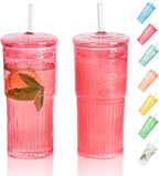20 OZ Glass Cup with Lids and Glass Straws, High Borosilicate Iced Coffee Glass Tumblers with Lid and Straw for Drinks, 2pcs Reusable Wide Mouth Smoothie Cup(Red)