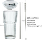 20oz Ribbed Drinking Glasses with Lids and Glass Straws-Thickened Glass cup -Vintage glass straw cups- Ideal for Iced Coffees, Cocktails, Juices, Family Use and Parties (6)