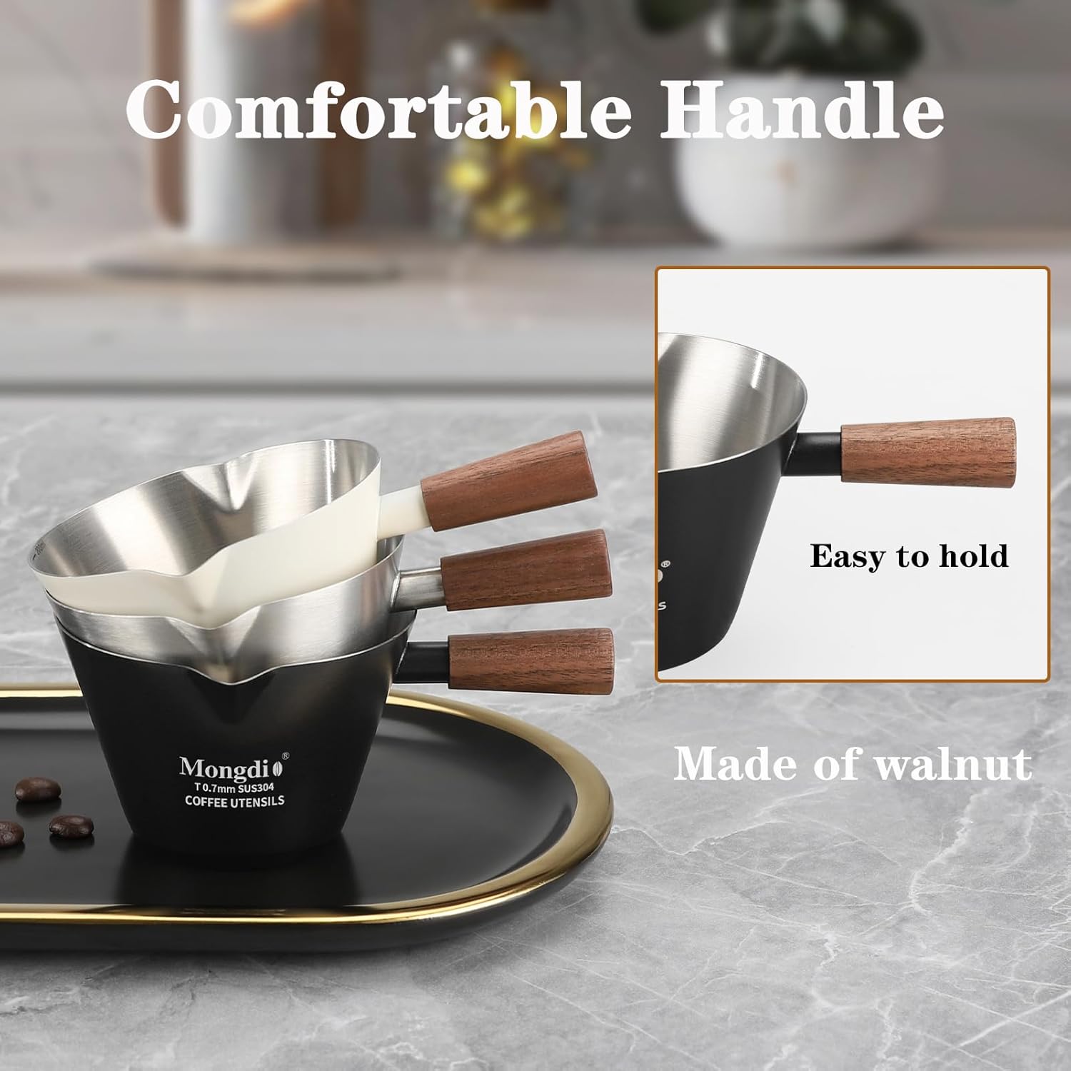 Mongdio 2 Pcs Espresso Measuring Cup, Stainless Steel Espresso Shot Cups with Wooden Handle and Double Spouts, 6.8OZ/200ML, White