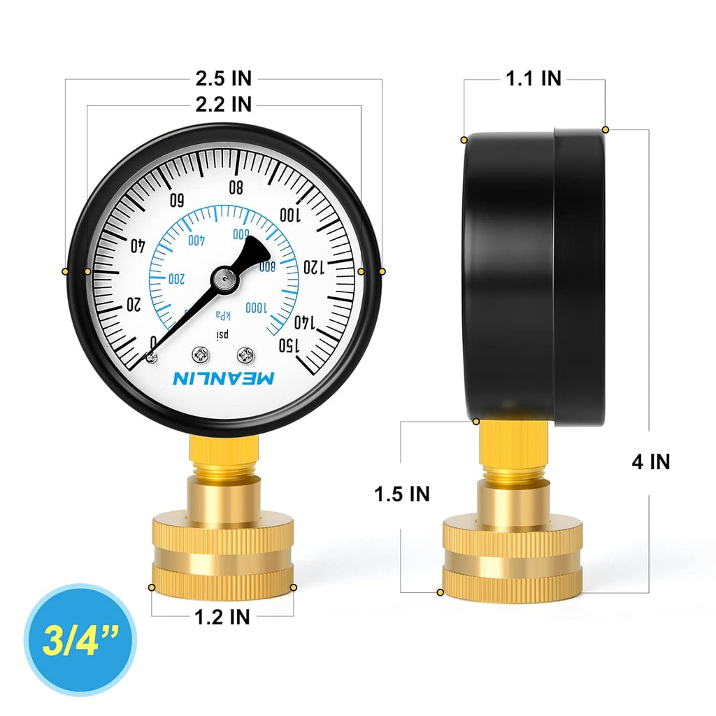 MEANLIN MEASURE 0-150psi Water Pressure Gauge,3/4" Female 2.5" FACE DIAL Water Pressure Test Gauge with Sealing Ring, Water Pressure Gauge for Home