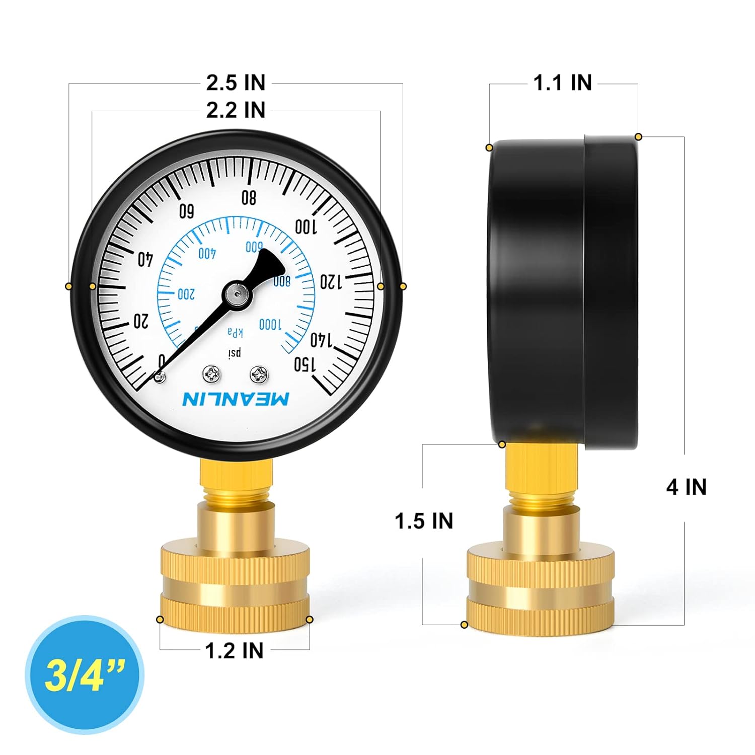 MEANLIN MEASURE 0-150psi Water Pressure Gauge,3/4" Female 2.5" FACE DIAL Water Pressure Test Gauge with Sealing Ring, Water Pressure Gauge for Home