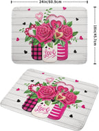 Valentine's Day Rose Flower Dish Drying Mat for Kitchen Counter,Mason Jar Pink Love Heart Drying Mat 18 x 24 Inch with High Absorbent Microfiber Drainer Mat for Coffee Bar
