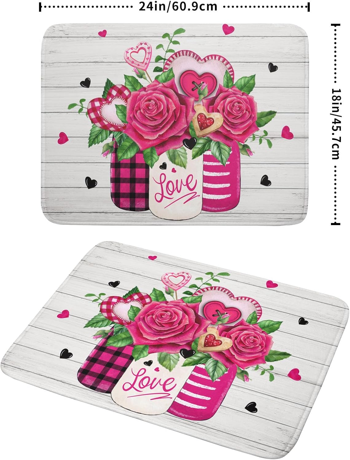 Valentine's Day Rose Flower Dish Drying Mat for Kitchen Counter,Mason Jar Pink Love Heart Drying Mat 18 x 24 Inch with High Absorbent Microfiber Drainer Mat for Coffee Bar