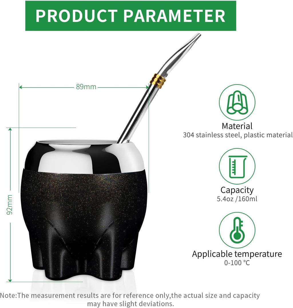 Premium Yerba Mate Cup 5 in 1 Set, Including Stainless Steel Gourd (Glitter Stars, Cute Elephant Style) Bombilla Straw, and Tea Shaper Set, 5.4oz, Gift for Women Drinking Coffee Tea Water