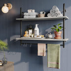 Bestier Pipe Shelf Industrial Floating Shelving 31" Kitchen Wall-Mounted Shelves with 8 Towel Bar Hooks Coffee Bar Shelf Wine Hanging Display Rack Bookshelf Living Room Decor Bathroom-Retro Grey