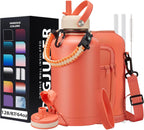64oz Insulated Water-Bottle with Strap - Half Gallon Water Jug with Straw & Spout Lid, 2 Liter Stainless Steel Water Bottle Leak Proof, Cold-48h Hot-24h Metal Flask w/Paracord Handle, Carrier Case