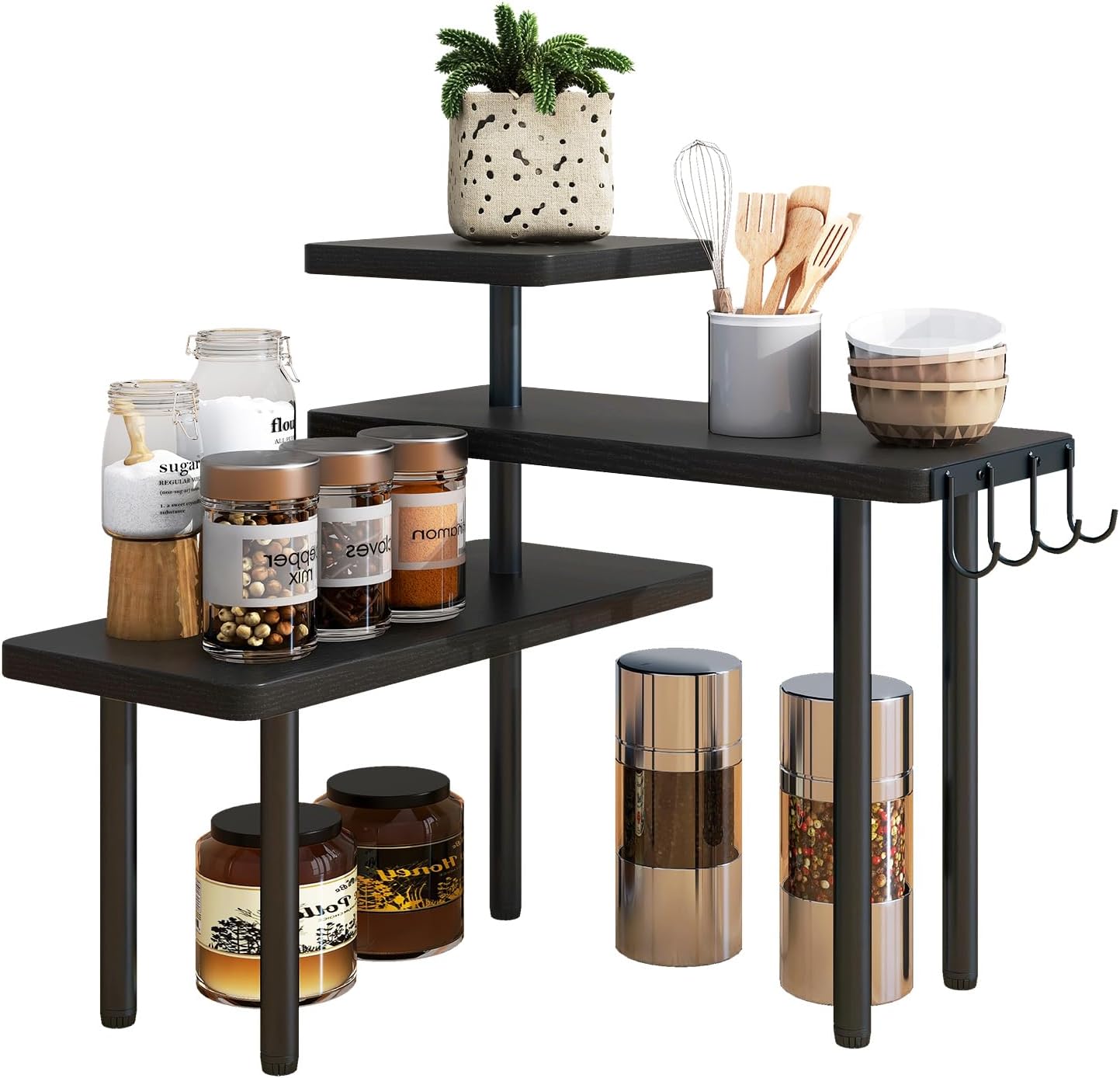 IBUYKE Countertop Organizer,3-Tier Spice Racks,Kitchen Counter Corner Shelf,4 Side Hooks,Adjustable Countertop Shelf for Kitchen, Bathroom, Coffee Bar, Cabinet, Desk,Black,TLJ023B