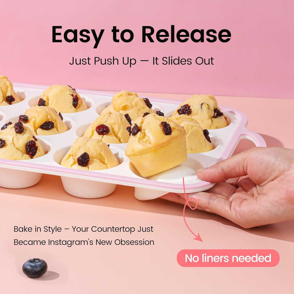 Silicone Muffin Pans for Baking 2 Pack, 2.6 Inch with Metal Reinforced Frame, Regular Size Nonstick Silicone Cupcake Pan for Baking Homemade Muffins, Cupcakes, Dishwasher Safe BPA Free-Pink