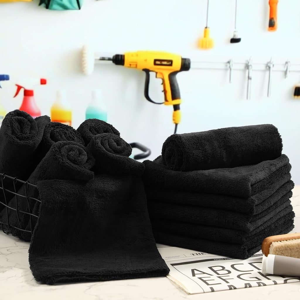 Shimeyao 30 Pcs Edgeless Microfiber Plush Towels for Cars Detailing Drying Wash Polishing Absorbent Cleaning Cloths, 500 GSM, 16 x 16 Inch(16 x 16 Inch,Black,30 Pcs)