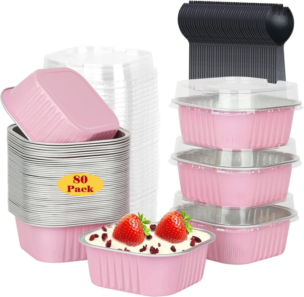 10oz/80pack Mini Cake Foil Pans with Lids,LNYZQUS 4”x4” Large Cupcake Pan Disposable Ramekins,Small Brownie Baking Cups Square Muffin Tin Cheesecake Containers Holders-Pink