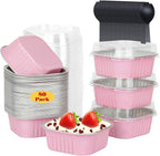 10oz/80pack Mini Cake Foil Pans with Lids,LNYZQUS 4”x4” Large Cupcake Pan Disposable Ramekins,Small Brownie Baking Cups Square Muffin Tin Cheesecake Containers Holders-Pink