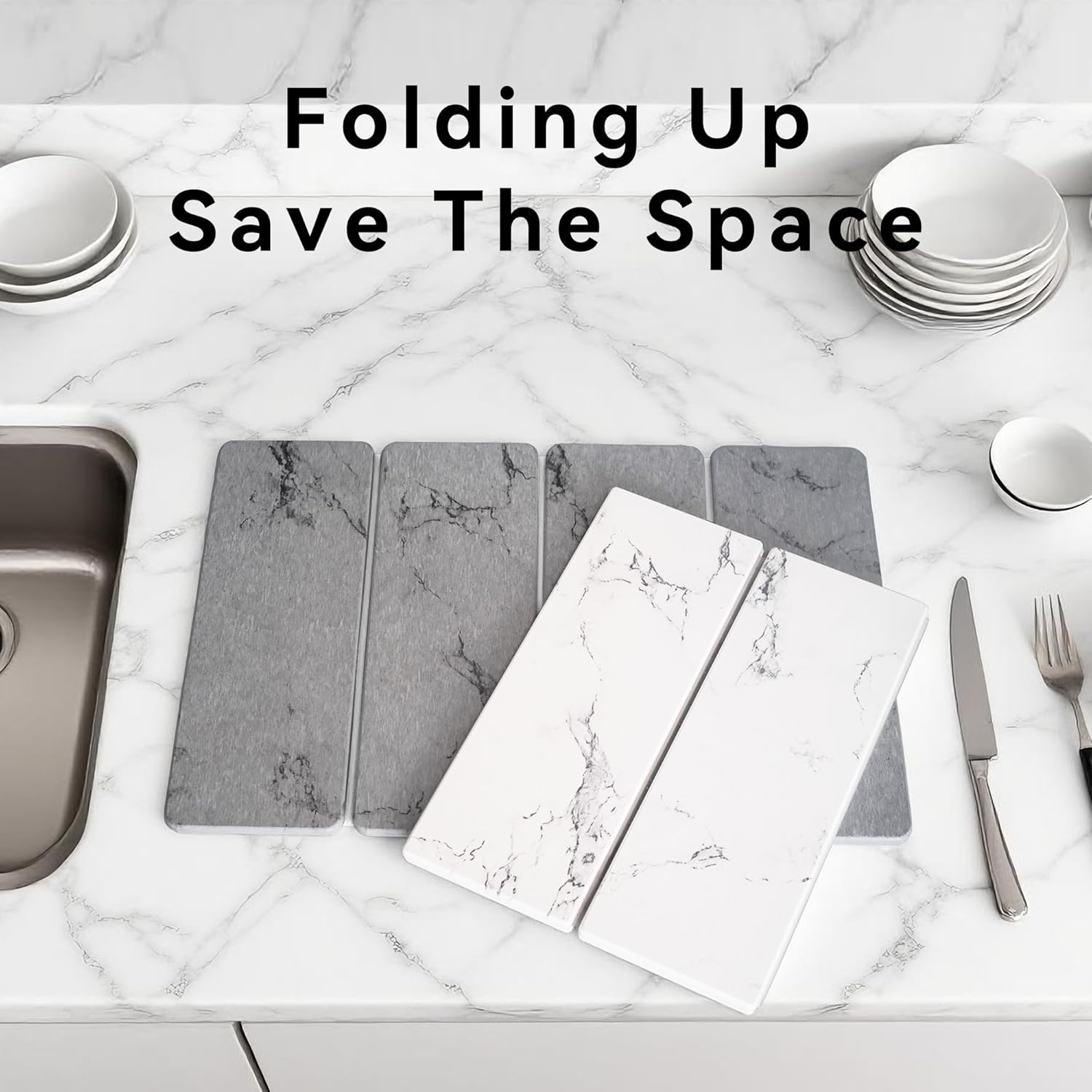 Stone Dish Drying Mat for Kitchen Counter, 24" x 16" Diatomaceous Earth Drying Mat, Foldable Stone Drying Mat, Super Absorbent Fast Dry Stone Mat, Drying Board Diatomaceous for Kitchen, Marble White