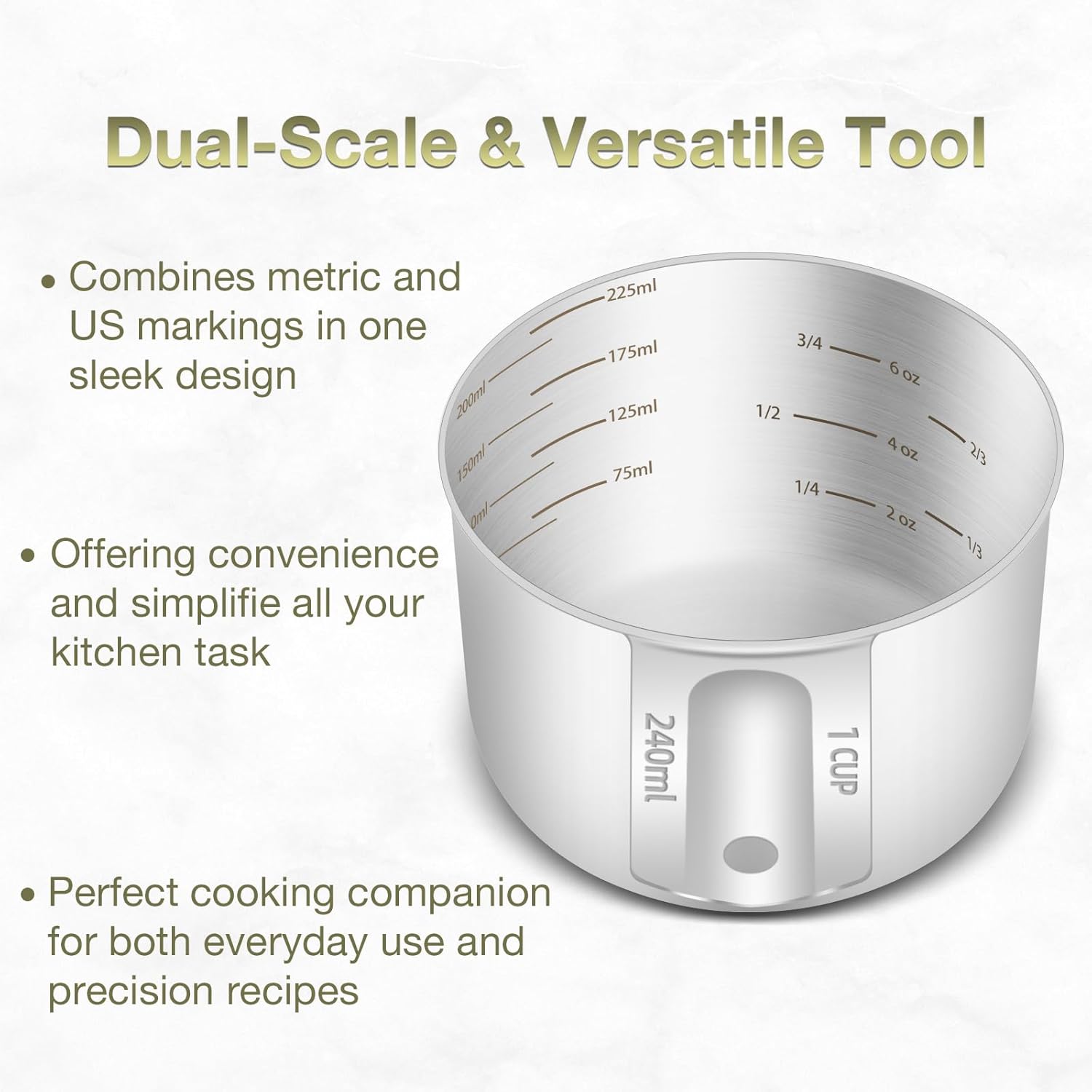 1PCS 1Cup (240ml, 8oz) Single Measuring Cup, Etched Inner Scale Stainless Steel Measure Scoop, Metric and US Measurement, Dishwasher Safe