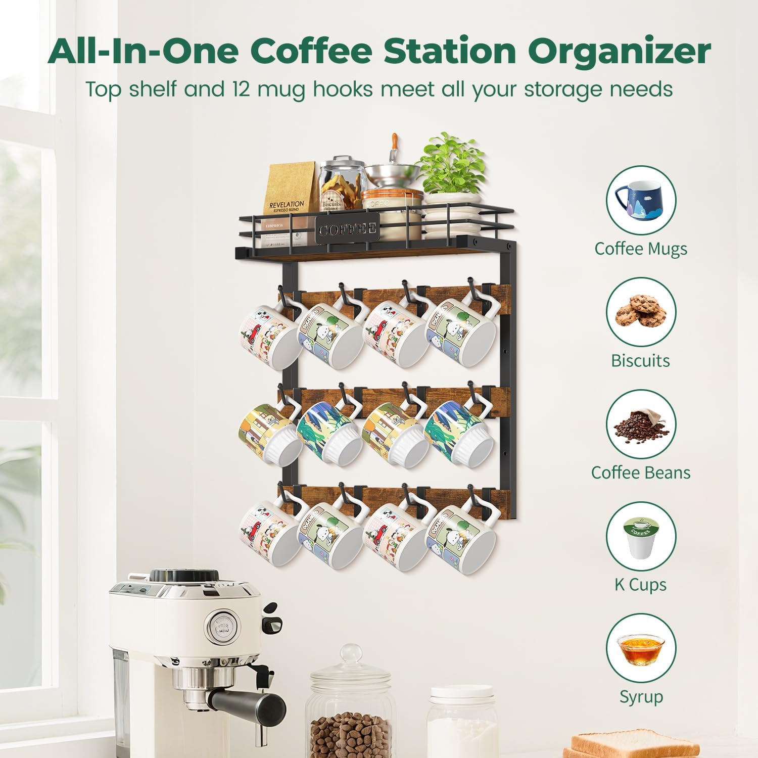 EsLuker.ly Coffee Mug Holder Wall Mounted Display Rack, Black Metal Cup Hanger Organizer with 12 Movable Plastic Hooks, Wood Rustic Shelf for Coffee Bar Home Kitchen, Thoughtful Wall Storage