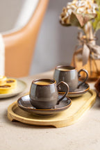 LYEOBOH 3 Ounce Espresso Cups and Saucers Set of 6, Ceramic Small Coffee Cups with Metal Holder and Spoons, Cute Demitasse Cups for Tea, Espresso, Latte, Cafe Mocha, Brown