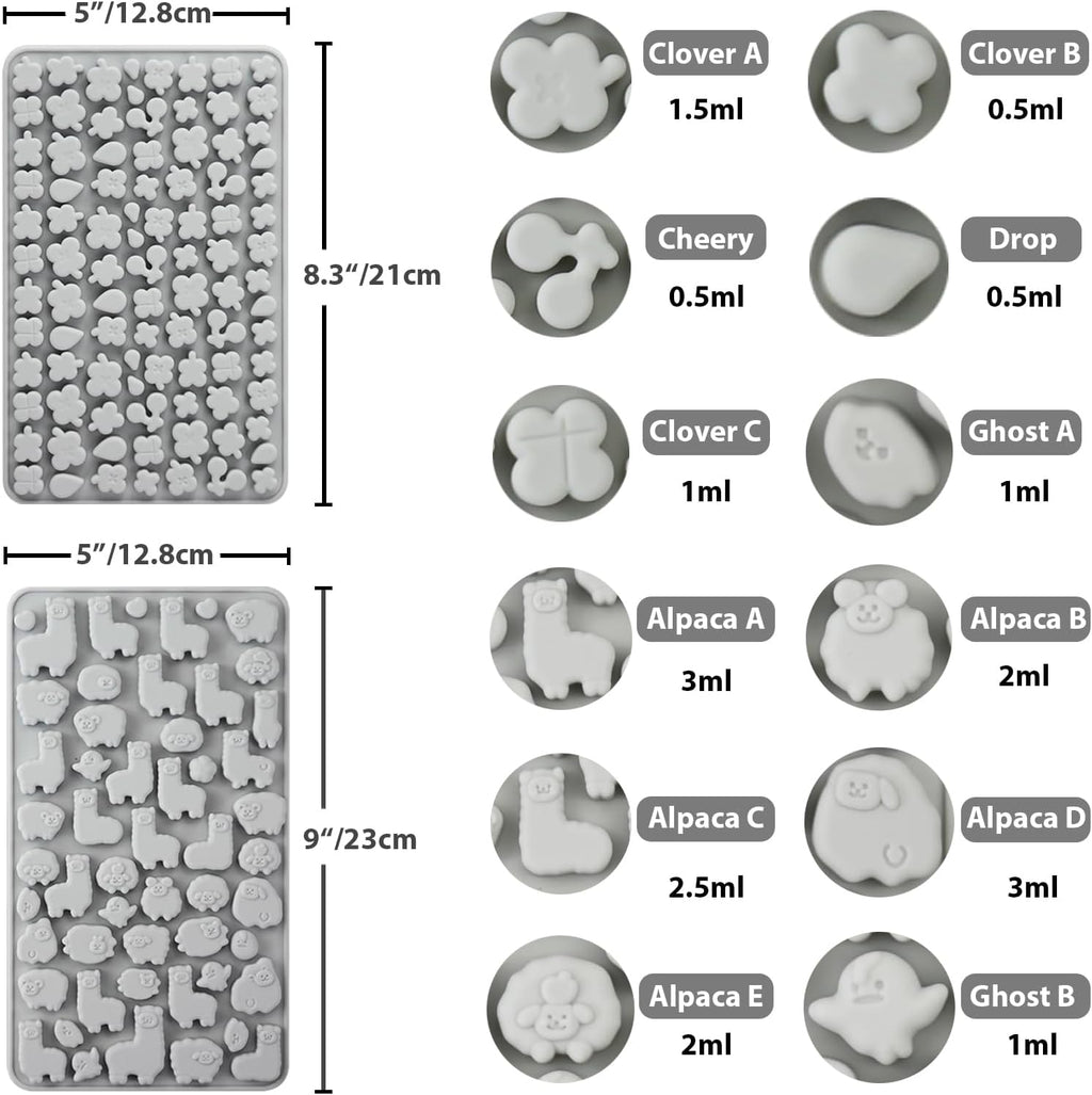Animals & Flowers Silicone Candy molds, Non-Stick Gummy Bear Chocolate Gelatin Tray with 2 Droppers Creates 260 Alpaca, Clover, Animals, Rainbow & Cloud, Pack of 4
