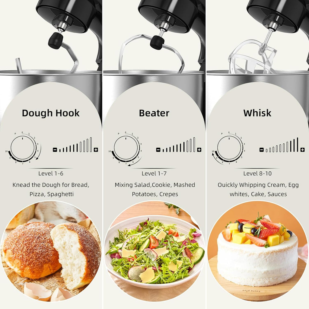 Electric Stand Mixer,10 Speeds Tilt-Head Food Mixer, 3-IN-1 Kitchen Mixer for Daily Cooks with 6.5 QT Bowl,Dough Hook, Beater, Whisk (Onyx Black)