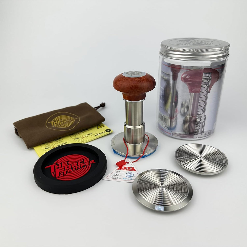 The Force Tamper Automatic Impact Adjustable Constant Pressure and Autoleveling Coffee Tamper Reddish Brown Jellyfish Wooden Handle Set Pro (C-Ripple Distribute Set, 58.50mm)
