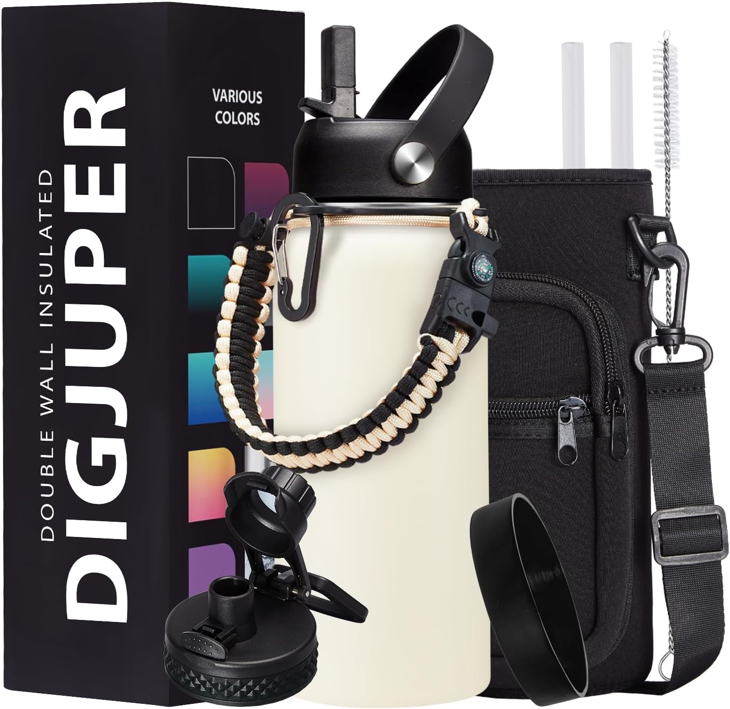 Insulated Water Bottle - 32oz 40oz 64oz Water Bottles with Straw & Spout Lids, Carrier Bag, Paracord Handle and Flask Boot, Reusable Stainless Steel Water Bottle, Metal Canteen Mug for Work