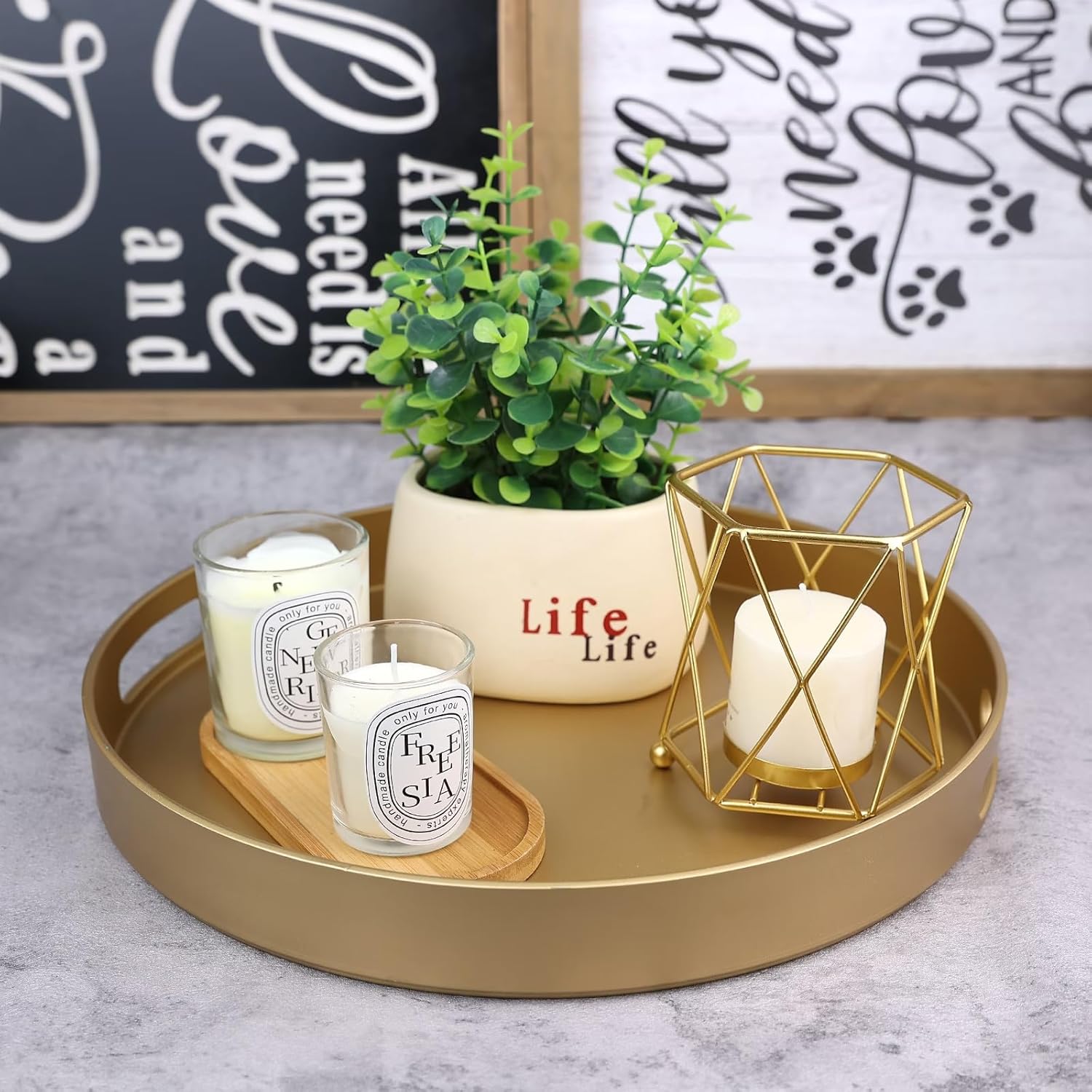 Round Gold Decorative Serving Tray with Handles, 13” Versatile Ottoman Tray for Coffee Table, Entertaining, Outdoor Patio, Living Room