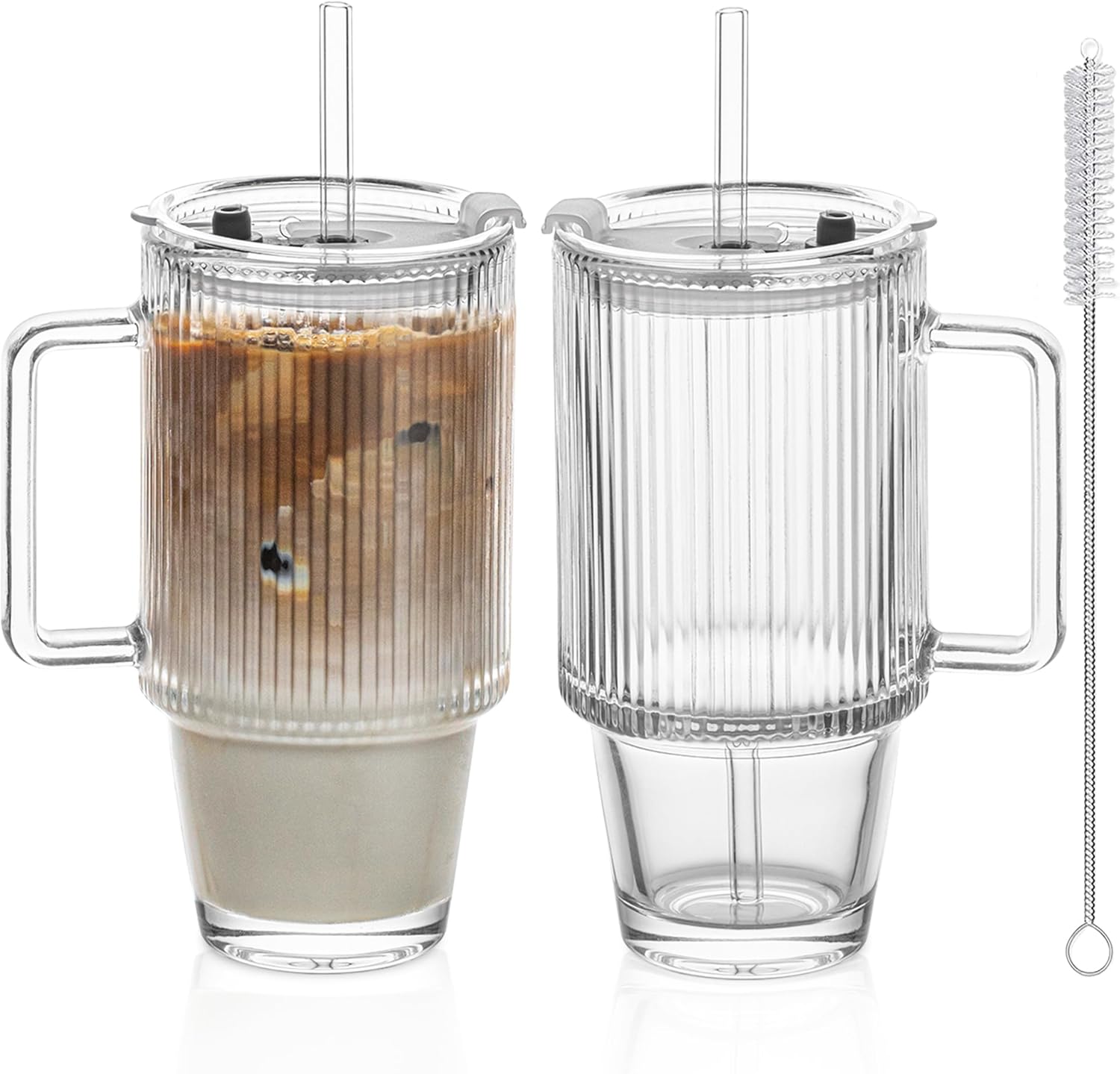 KEMORELA 2-Pack 24 Oz Ribbed Glass Tumblers with Lids and Straws, Handle Iced Coffee Cups, Clear Reusable Drinkware for Smoothies, Cold Beverages - Dishwasher Safe