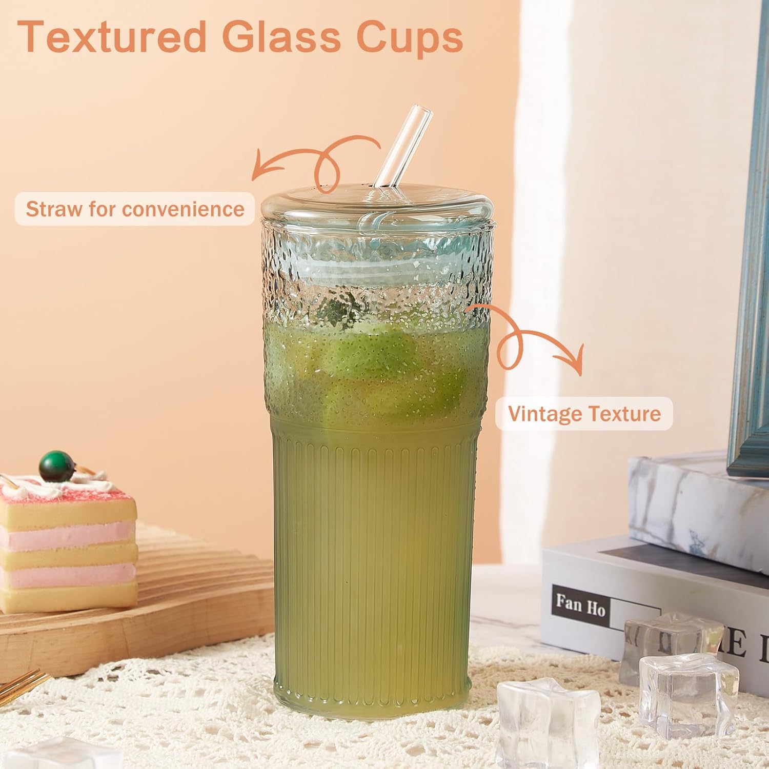 GOSCHE Glass Coffee Cups with Lids and Straws 20oz, High Borosilicate Drinking Jar Water Cups, Glass Tumbler for Tea Coffee Milkshake, Green, 2 Pcs