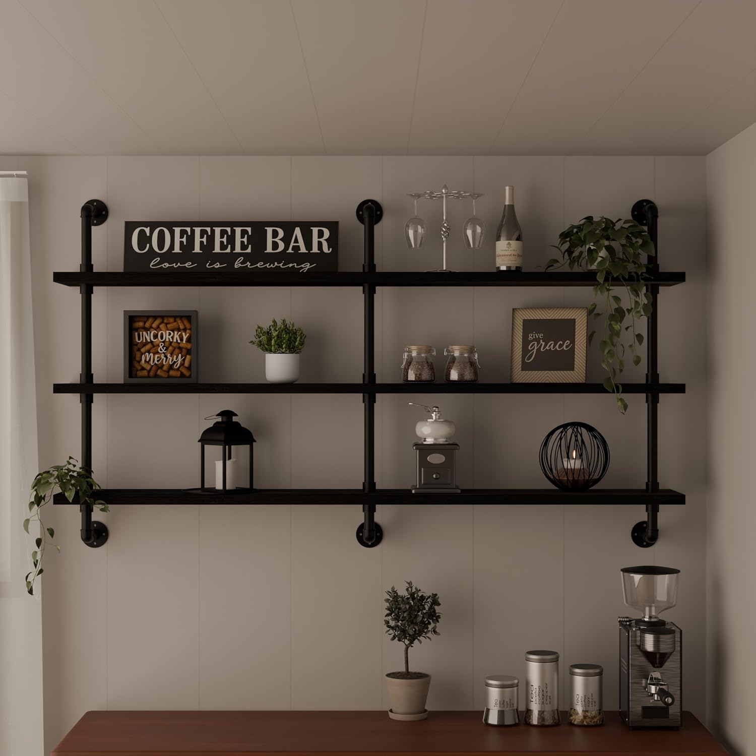 Industrial Pipe Shelving Rustic Black Pipe Wall Shelves Industrial Shelves with Wood Planks Floating Shelves 60 Inch Farmhouse Bathroom,Kitchen Shelving Wall Mounted