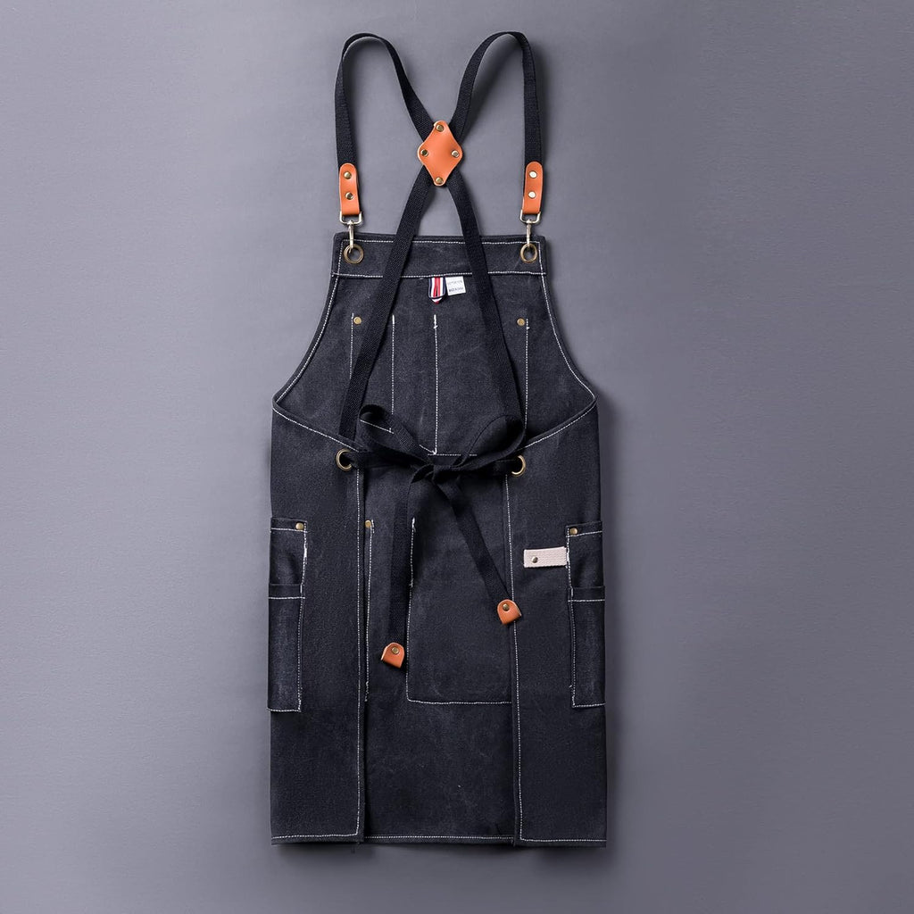 Canvas Aprons for Men Chef Apron, Work Apron with Large Pockets - 16oz Heavy Duty Cross Back, BBQ, Cooking