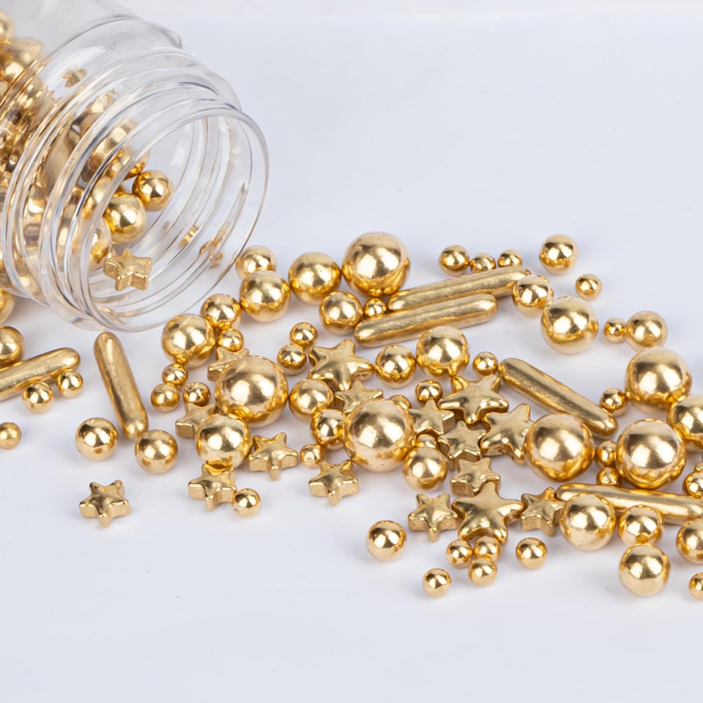 Twisweet Gold Pearl Star Rods Sprinkles for Cake Decorating, Edible Sugar Pearls for Baking, Mix Size Cake Topper Ice Cream Cupcake Cookie Dessert Decorations, Wedding Valentines Birthday Christmas Easter Mother's Day Supplies (130g/4.58oz)