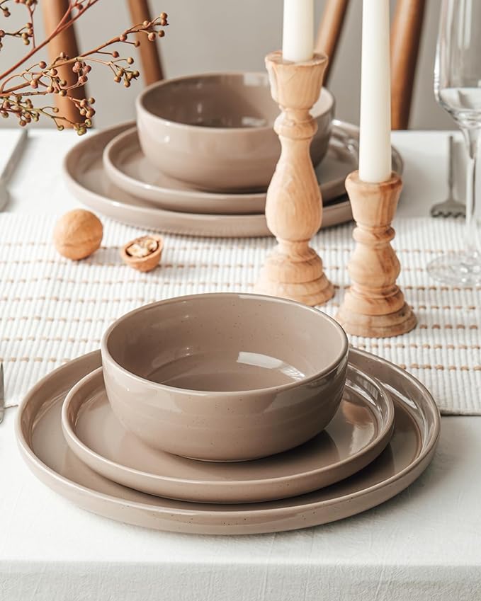 Famiware Milkyway Stoneware Dinnerware Sets with Mugs, Service for 6 (24 Pieces), Plates and Bowls Sets -Scratch Resistant, Microwave and Dishwasher Safe Dishes Set, Cinnamon Brown