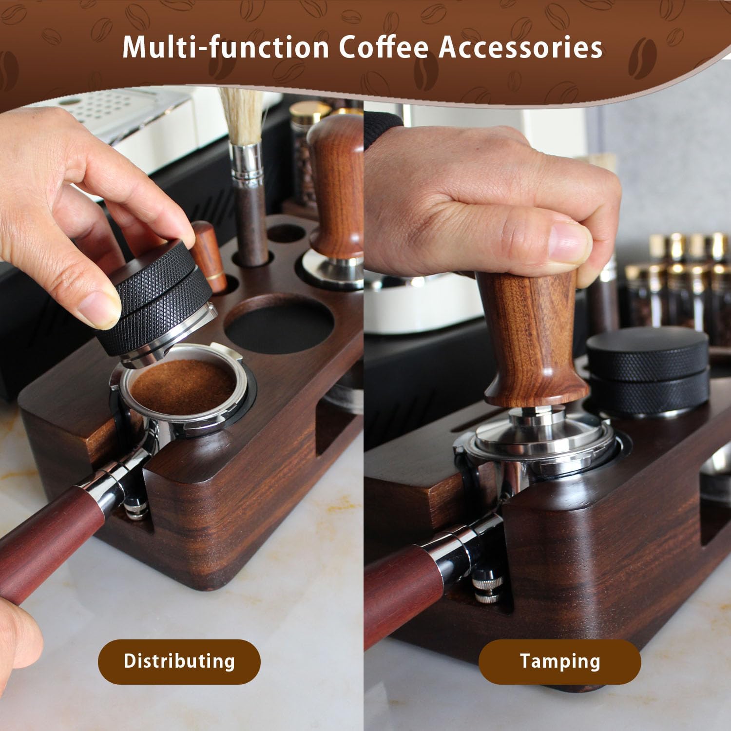 Espresso Tamping Station,Multifunctional Tamping Station,Non-slip Tamper Station,Espresso Station fit for storage 51-58mm Tamper Distributor Portafilter,Walnut Tamper Holder,Coffee Portafilter Holder