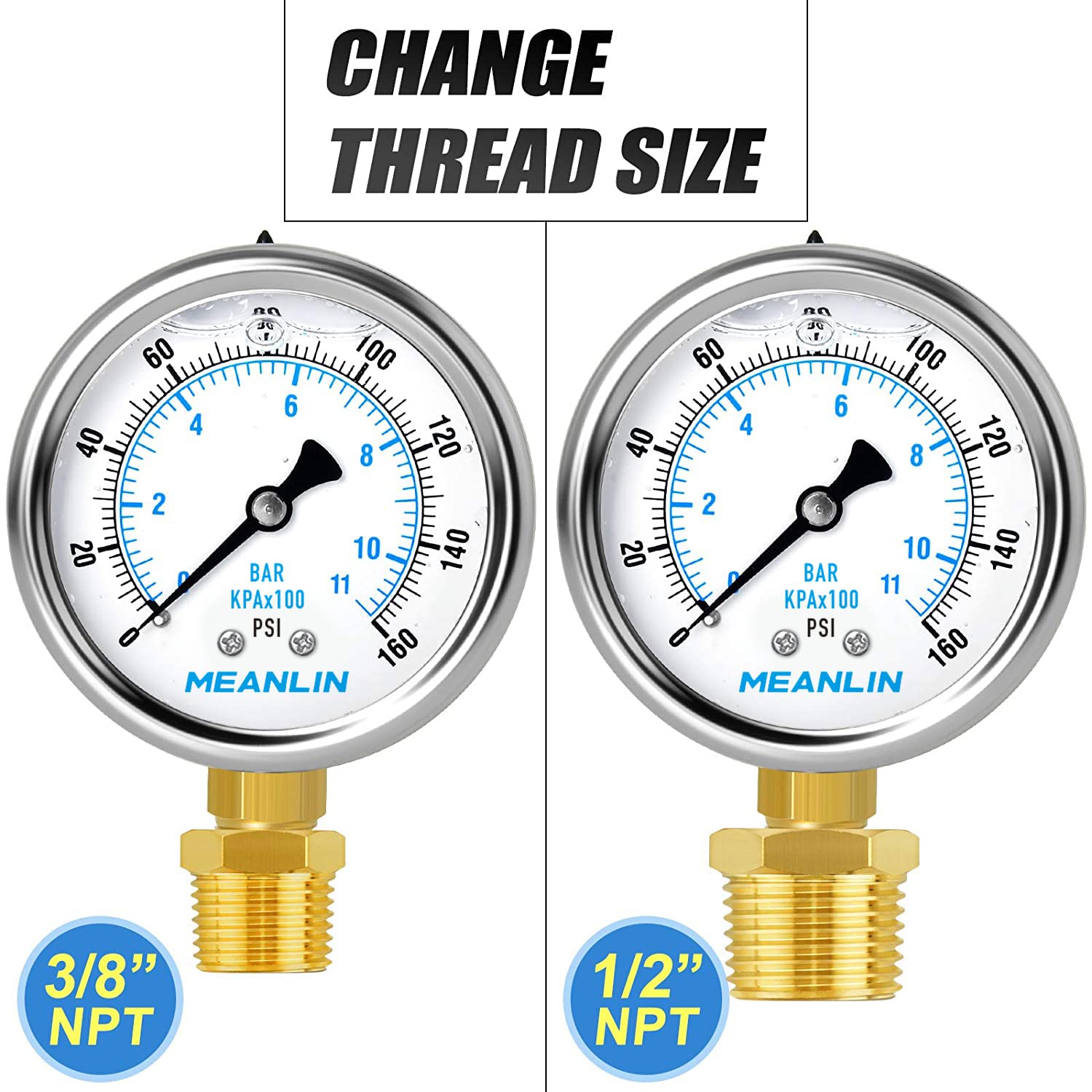 MEANLIN MEASURE 0~160Psi Stainless Steel 1/4" NPT 2.5" FACE DIAL Liquid Filled Pressure Gauge WOG Water Oil Air Lower Mount (Pack of 2), with 1/2" NPT and 3/8" NPT Hex Bushing