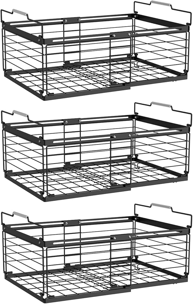 NADAMOO Freezer Organizer Bins, 3 Packs Large Expandable Stackable Chest Freezer Containers with Handle, Metal Adjustable Storage Baskets for Fridge, Deep Freezer, Cabinet, Kitchen, Pantry - Black