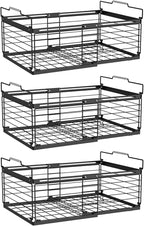 NADAMOO Freezer Organizer Bins, 3 Packs Large Expandable Stackable Chest Freezer Containers with Handle, Metal Adjustable Storage Baskets for Fridge, Deep Freezer, Cabinet, Kitchen, Pantry - Black