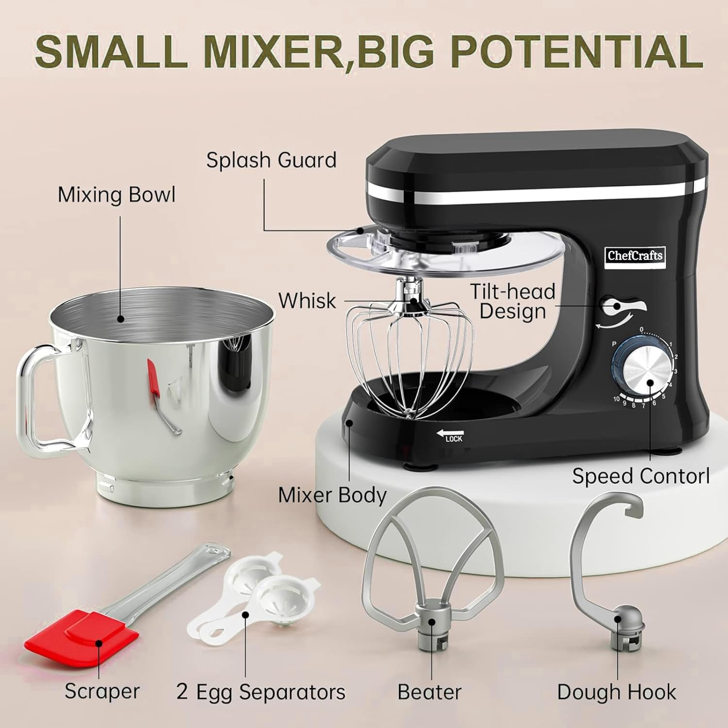 Household Stand Mixer with 6.5 Quart Bowl, Electric Food Mixer 10+p Speeds 660W, Kitchen Tilt-Head Bread Dough and Cake Mixers with Dough Hook, Whisk, Beater, Splash Guard and Egg Separator (Black)