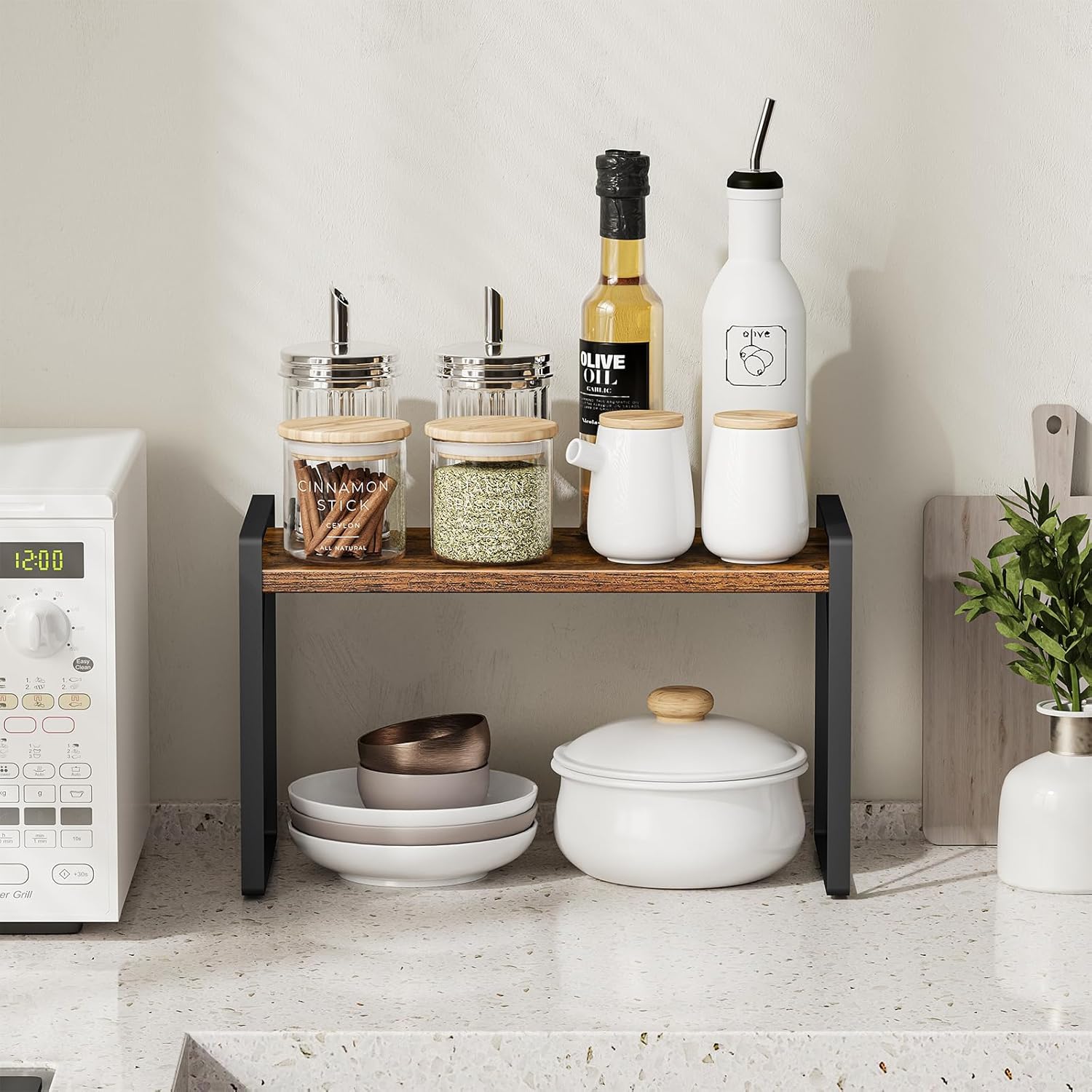 Giikin Countertop Shelf Organizer, Cupboard Stand Spice Rack, Retro Style Cabinet Shelf for Pantry, Kitchen, Bathroom, Reading Room, Bedroom to Save Space (7.8" D x 15.7" W x 9.4" H, Rustic Brown)