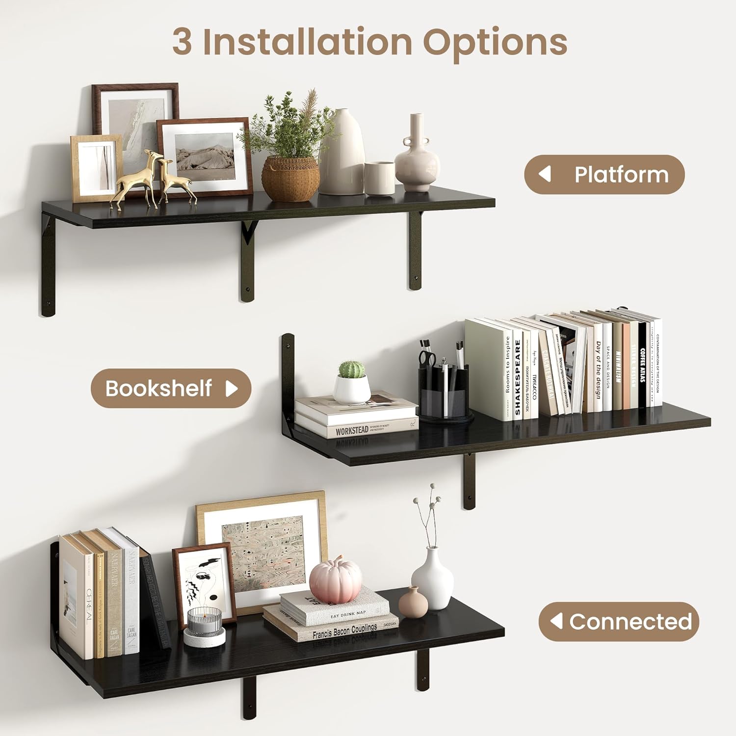 Fun Memories Floating Shelves for Wall, 12 Inch Deep Floating Shelves Set of 2, Wall Mounted Shelf with Metal Brackets, Rustic Wood Wide Shelf for Bathroom, Kitchen and Living Room, Black, 36W x 12D