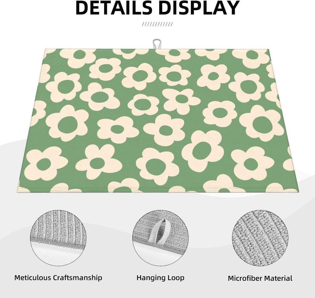Floral Kitchen Dish Drying Mat for Dishes 18x24 Inch Vintage Groovy Flowers Drying Mat White Daisy Dish Drainer Mat Super Absorbent Dish Rack Pad for Coffee Bar Sinks(Green)