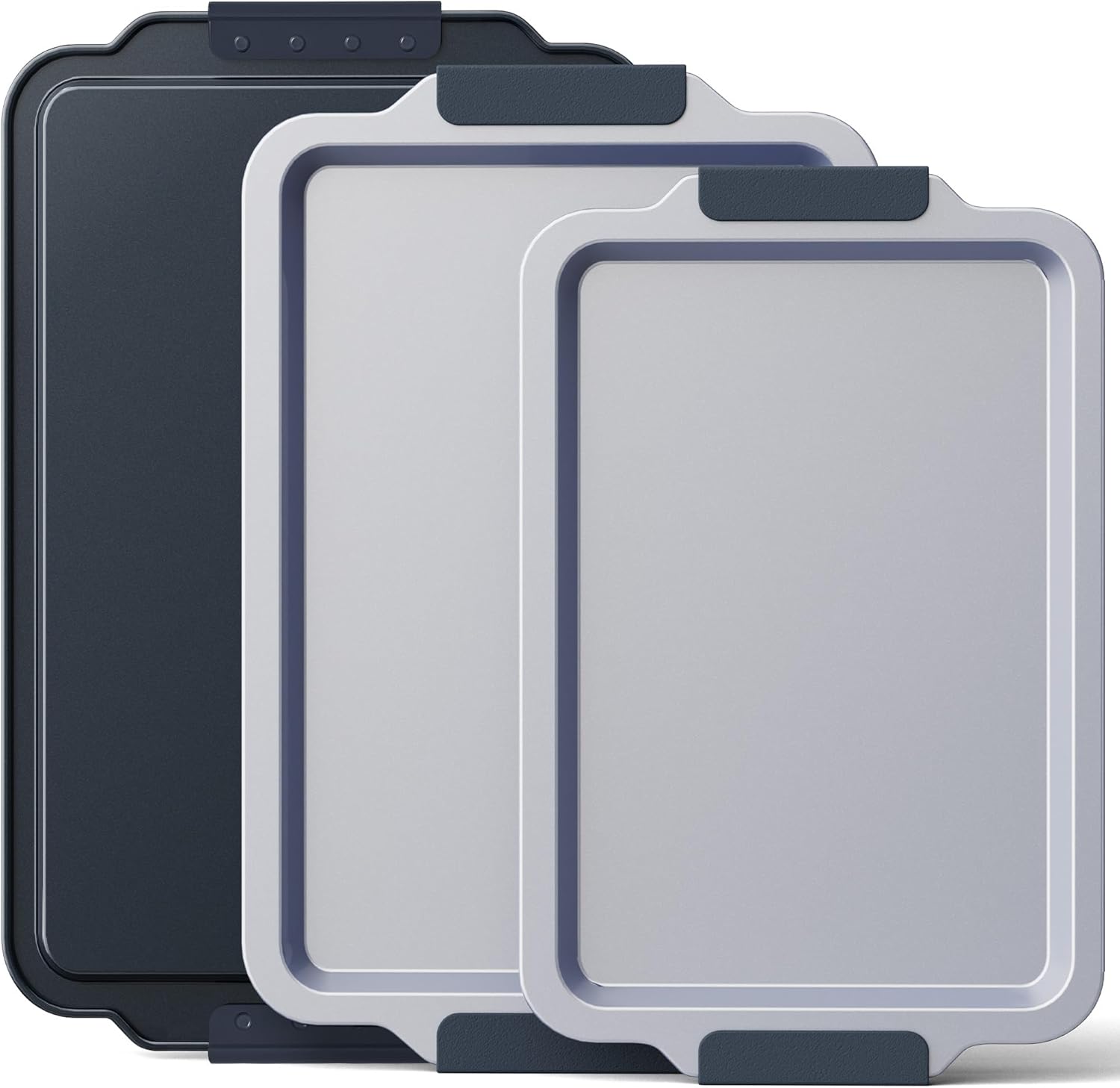 BRONYPRO Non Stick Ceramic Baking Sheet Pan Set of 3, Natural Non Toxic Cookie Sheets for Baking - PFOA, PTFE Free, Aluminized Steel Oven Trays for Cooking with Silicone Handles, Blue Gray