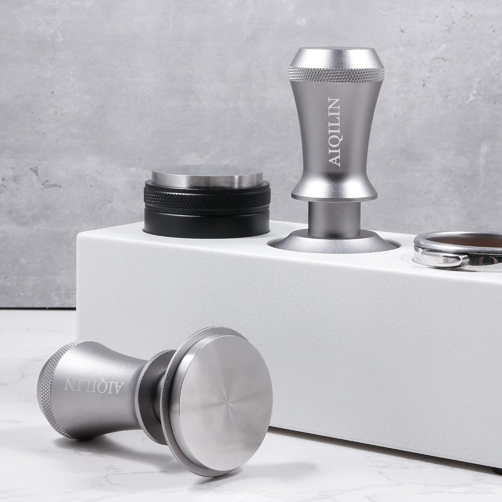 Espresso Tamper, Constant 30lb Coffee Tamper with double Calibrated Spring Loaded, Stainless Steel double spring loaded Coffee Tamper Fits for All Portafilters- Flat Base (53mm, SILVER)