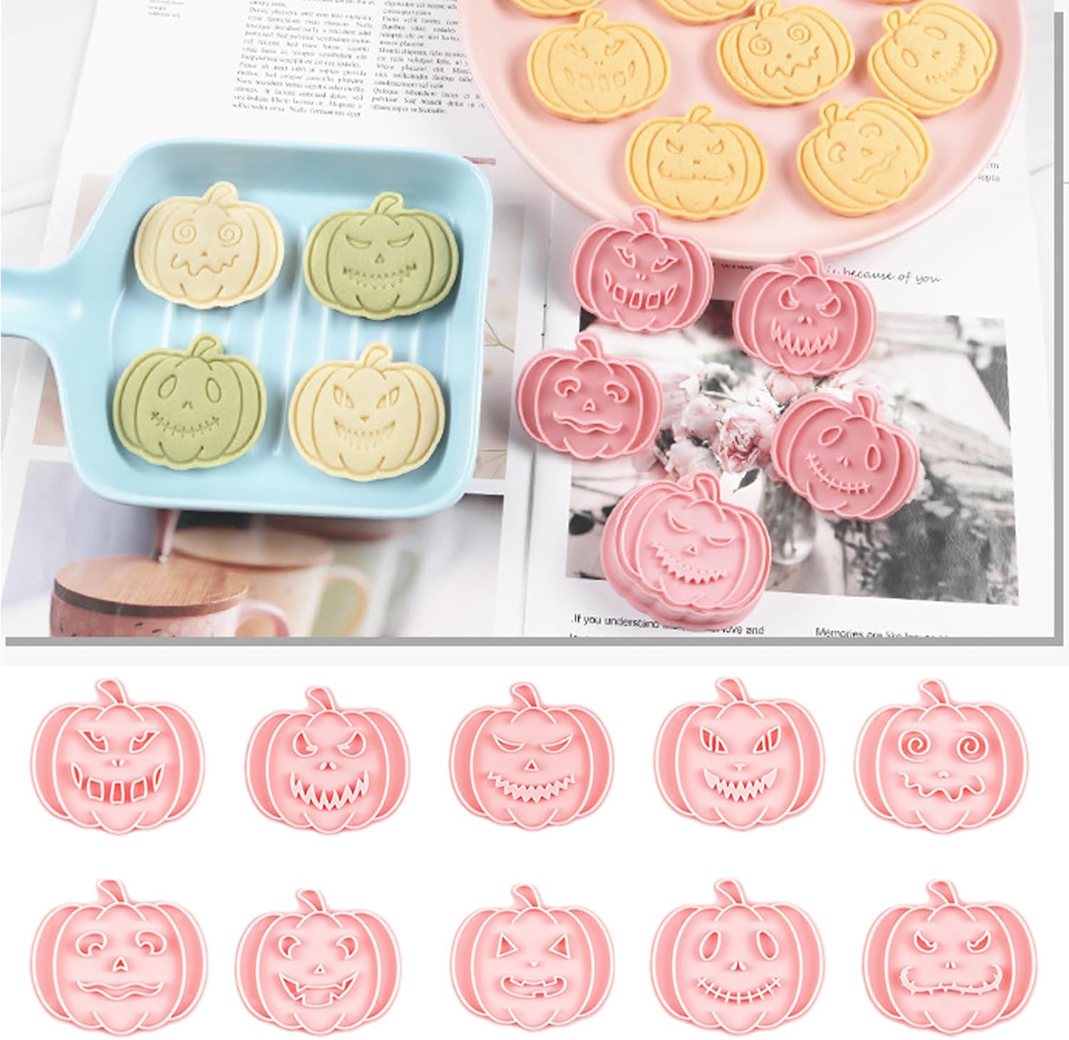 10 Pcs Halloween Cookie Cutters Set with Plunger Stamps, 3D Pumpkin Plastic DIY Cookie Molds for Halloween Party Treat, Baking, Fondant, Cake Decor (F10)