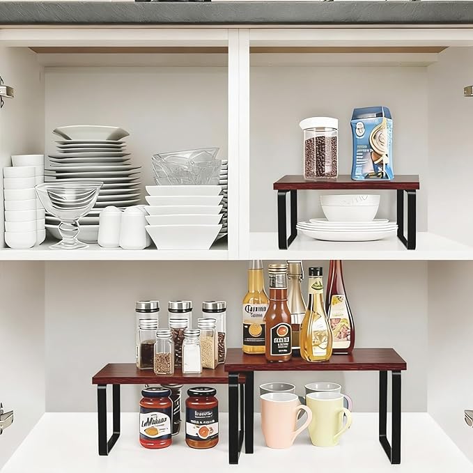 Cabinet Organizer Shelf, Set of 2 Expandable Kitchen Countertop Shelves with Spice Rack - Stackable Storage in Metal and Wood15.7 inches (Brown)