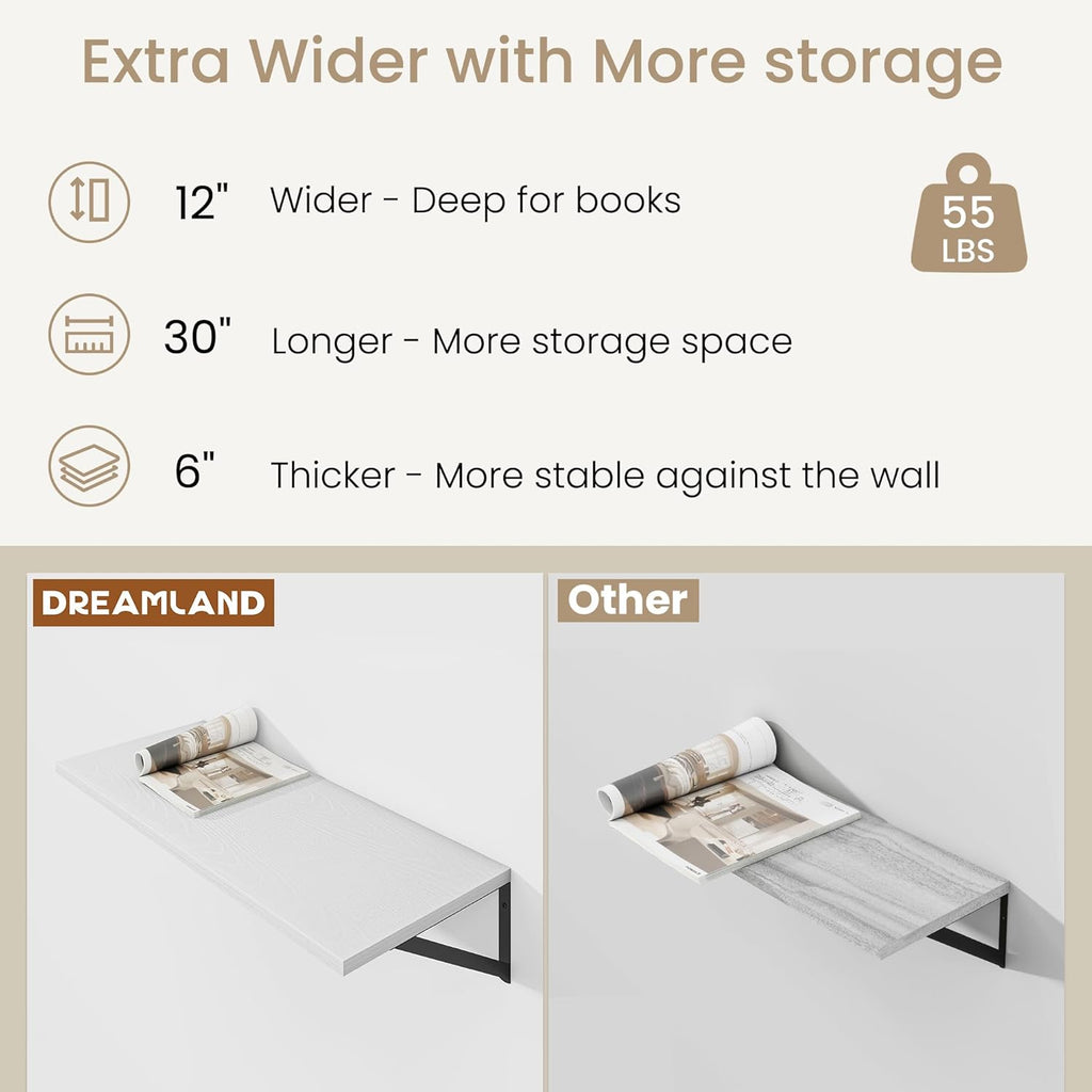 Dreamland Floating Shelves for Wall, 12 Inch Deep Floating Shelves Set of 2, 30W x 12D Large Wall Shelf with Sturdy Metal Brackets for Living Room, Bathroom, Bedroom and Kitchen, White