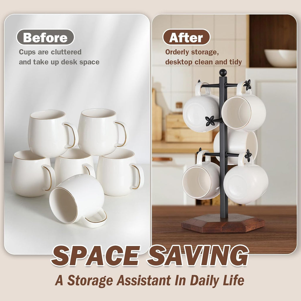 Mug Holder, Countertop Mug Tree, Coffee Mugs & Tea Cup Storage Rack, Coffee Counter Bar Accessory & Kitchen Organizer (Black Vintage Colors)